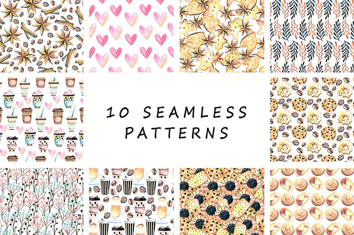 手绘水彩风格的可爱咖啡图案背景大集合[情人节,玫瑰]插图(5)