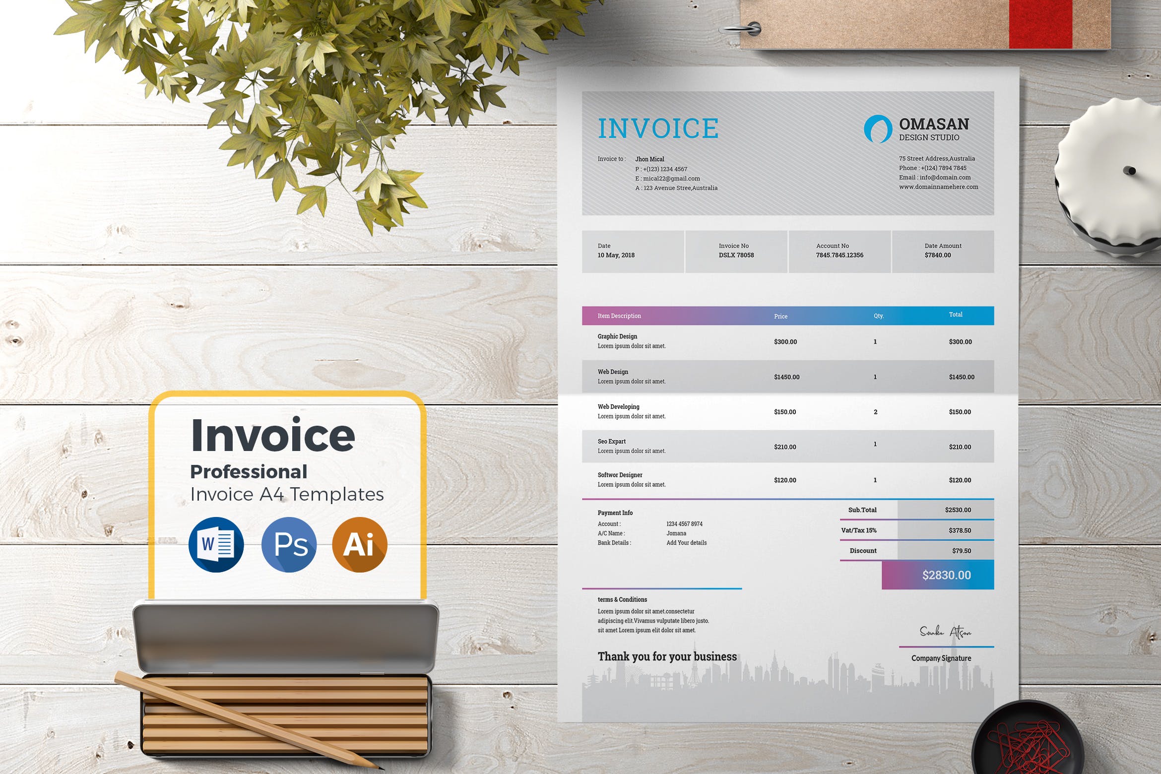 企业发票票据报价单设计模板v04 Invoice Template 04插图