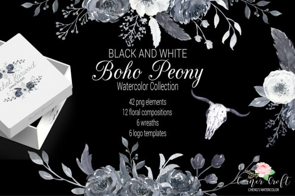 黑白色牡丹花水彩剪贴画 Boho Peonies Black and White