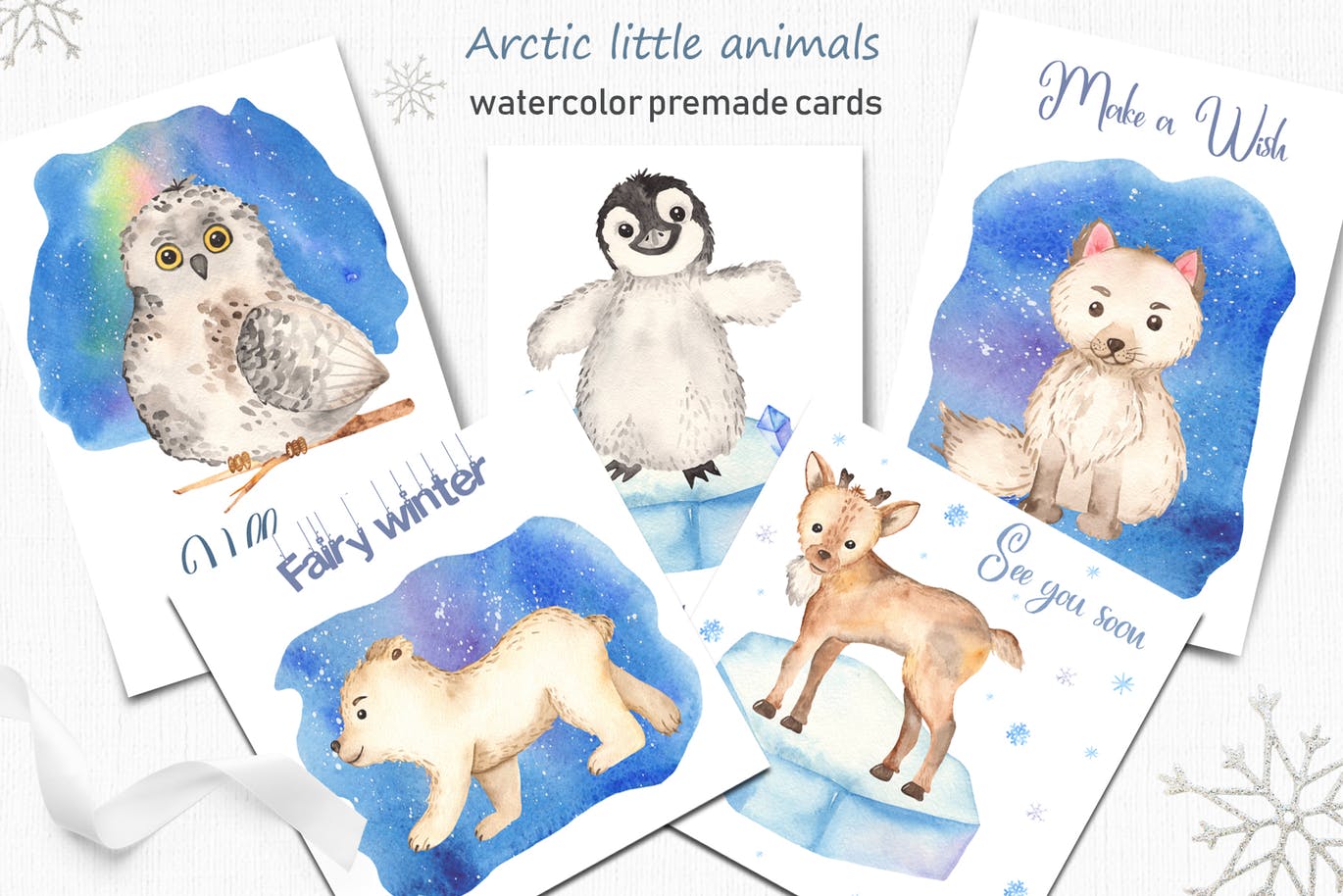 北极小动物水彩手绘剪贴画&卡片素材 Watercolor Arctic little animals Clipart cards插图(5)