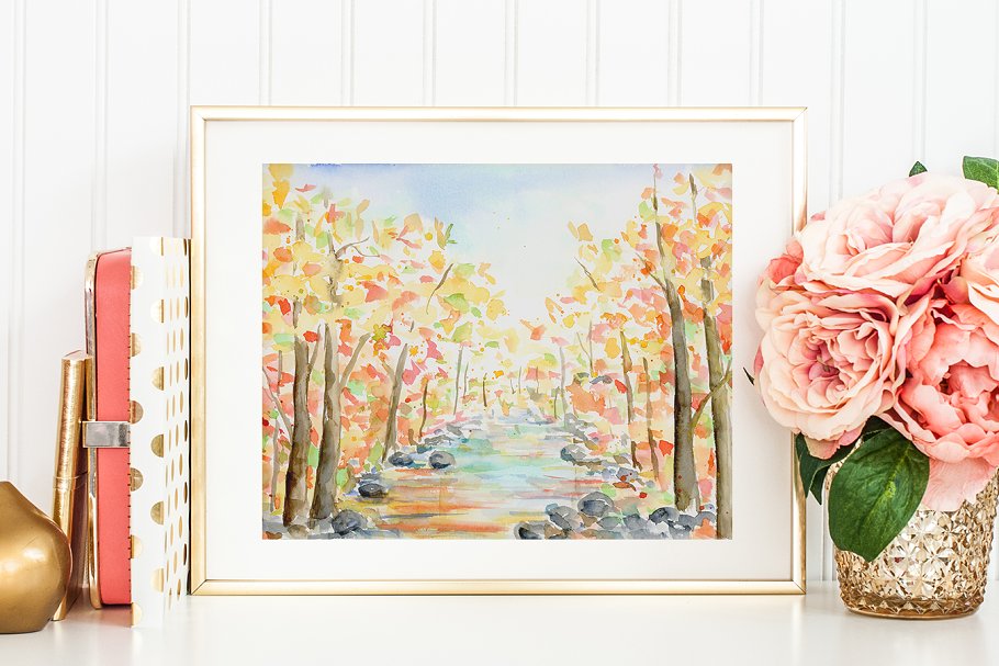 手绘水彩秋天山水景观背景 Watercolor Landscape Autumn Color插图(6)