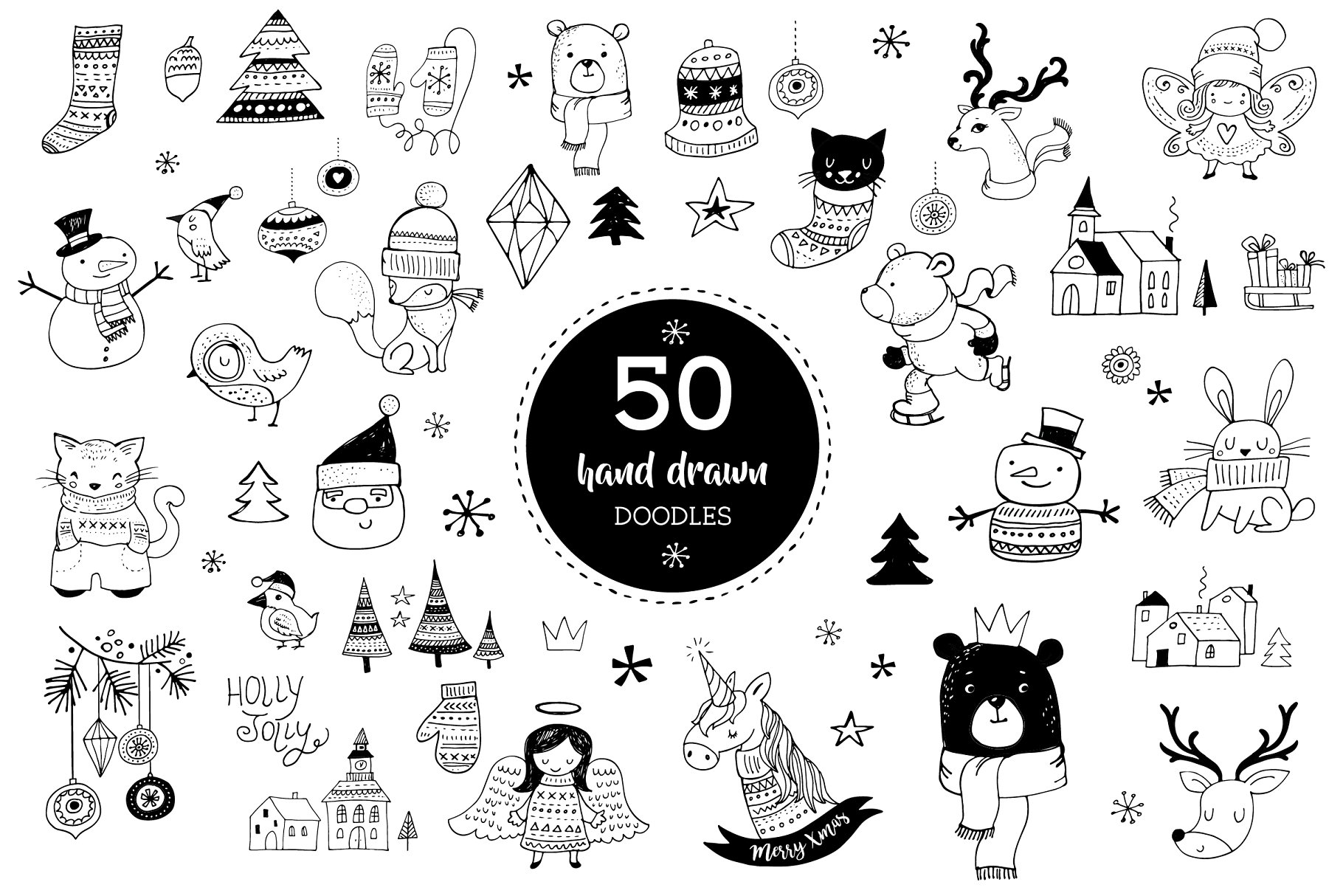 斯堪纳维亚风格快乐圣诞涂鸦元素手绘插画 Merry Christmas greetings & doodles插图(4)