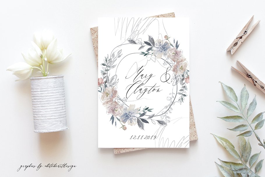 线条性感水彩花卉剪贴画、字体 Sensuale Watercolor Floral Clipart插图(7)