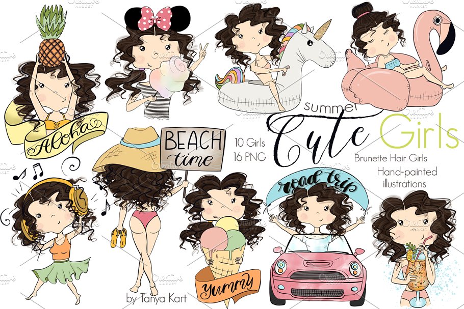 4组夏日少女剪贴画 Collection of 4 Sets Girls Summer插图(9)