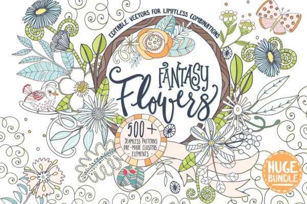 梦幻繁花似锦水彩手绘花卉蝴蝶树叶矢量图形 Fantasy Flowers, Floral Wreaths