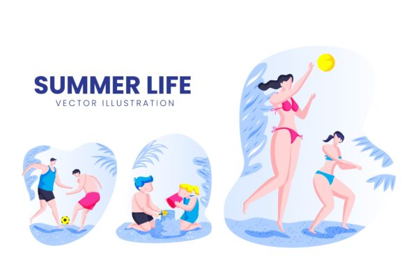 夏季生活人物形象素材库精选手绘插画矢量素材 Summer Life Activity Vector Character Set