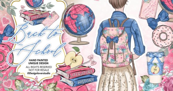 开学季水彩手绘风格剪贴画素材合集 Back to School Clipart