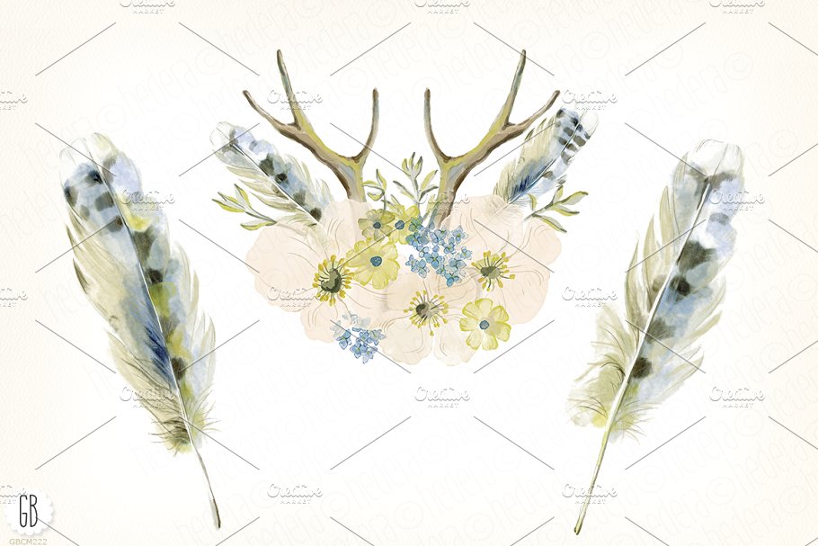 落基山罂粟花环水彩插画 Watercolor alpine poppy wreath插图(1)