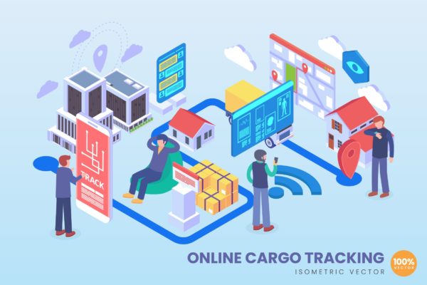 在线货物跟踪主题等距矢量素材库精选概念插画 Isometric Online Cargo Tracking Vector Concept