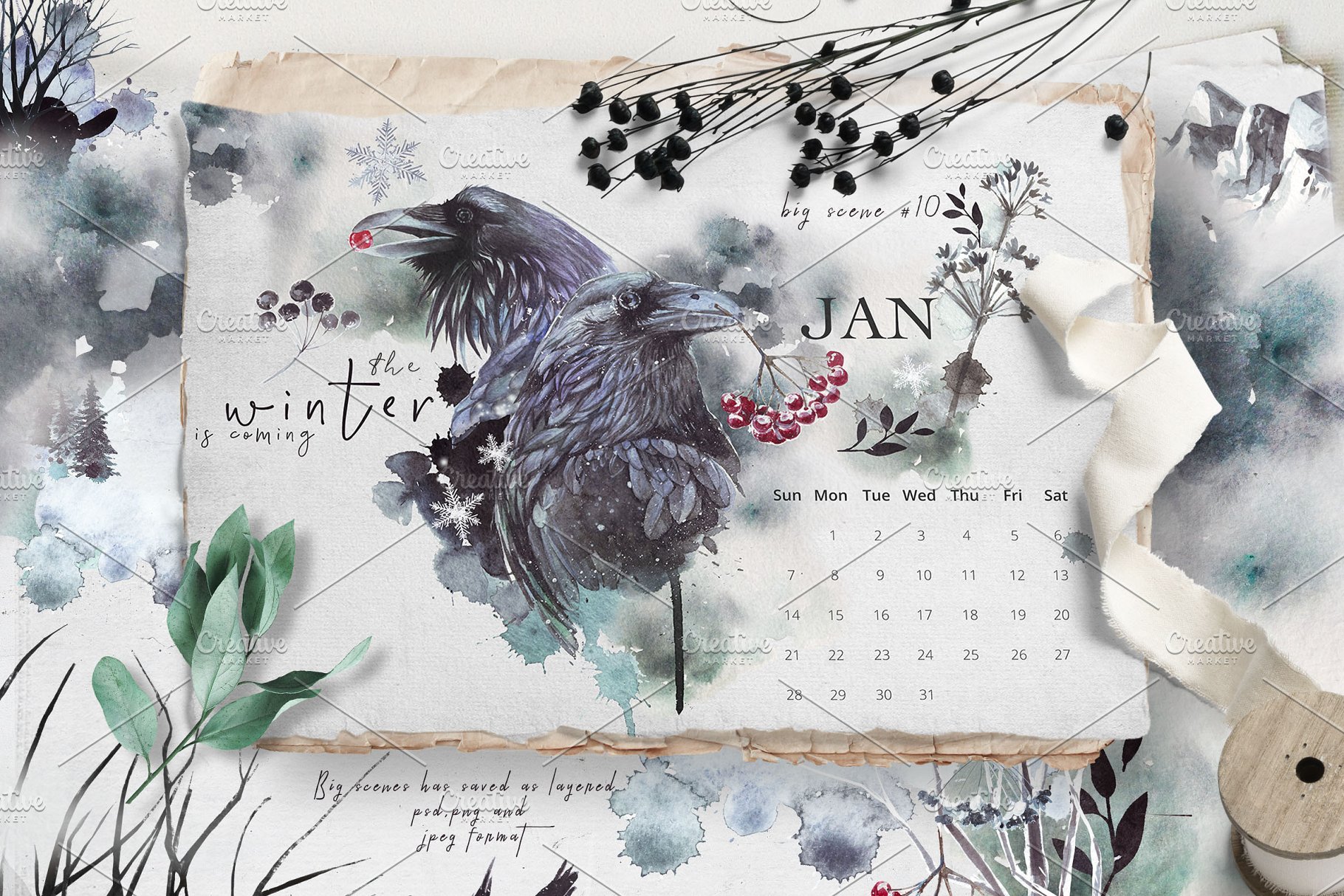 乌鸦、鸟、冬季风景、场景、水彩造型&字体 [2.81GB, 格式PNG, PSD,JPG &HTML] Ravens & birds vol.1插图(1)