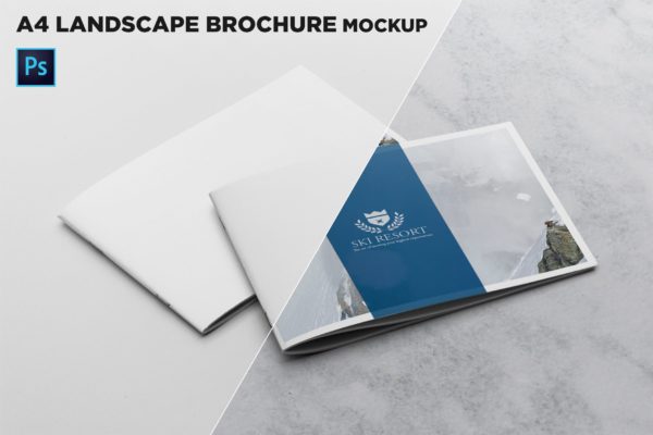 宣传画册/企业画册叠放效果图样机素材库精选模板 2 Covers Landscape Brochure Mockup