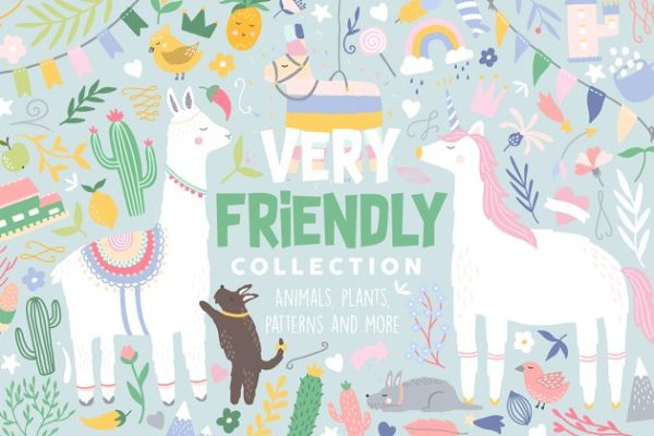 充满爱的手绘动植物剪贴画&amp;纹理 Very Friendly Collection Pro