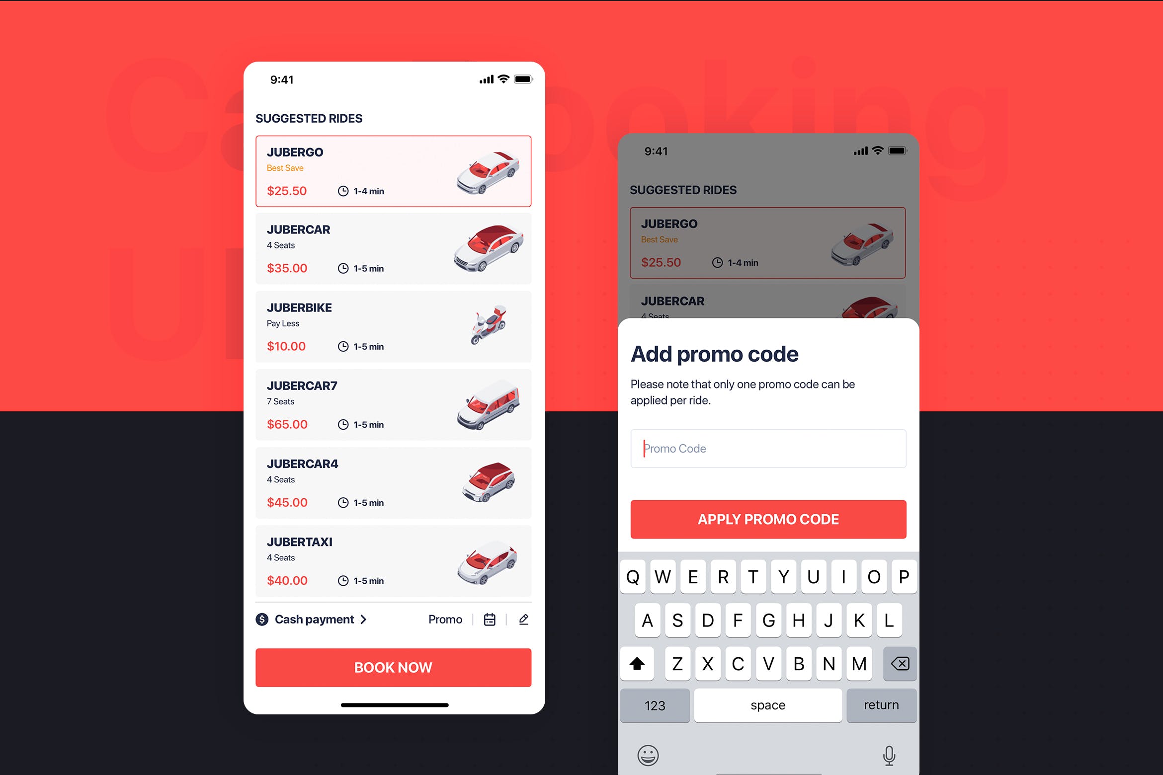 网约车APP应用UI设计之优惠券使用界面设计模板 Car Booking UI mobile concept – Add promo code插图
