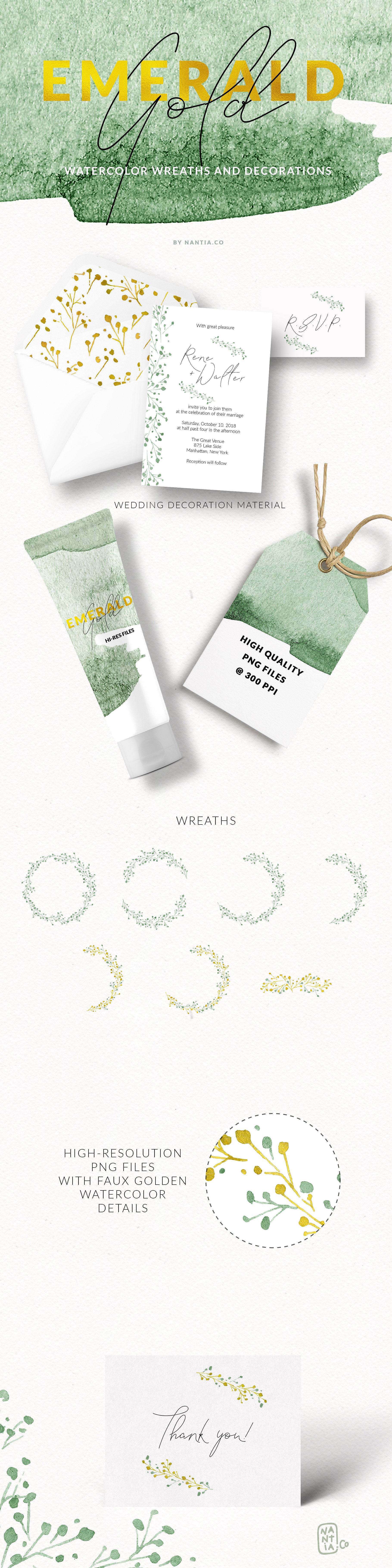 8款翡翠绿水彩手绘花环 8 Watercolor Wreaths Emerald Gold插图