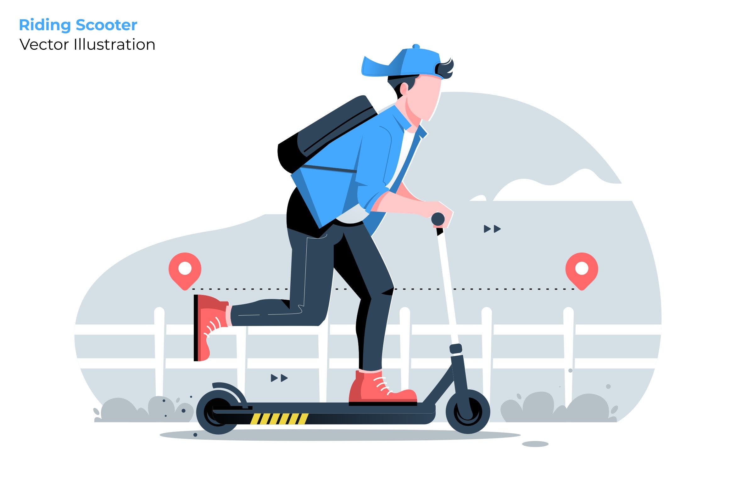 骑踏板车场景矢量插画素材库精选素材 Riding Scooter – Vector Illustration插图