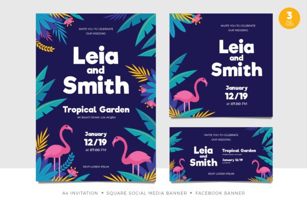 热带夏季婚礼邀请函素材库精选模板套件 Tropical Summer Wedding Invitation Set Template