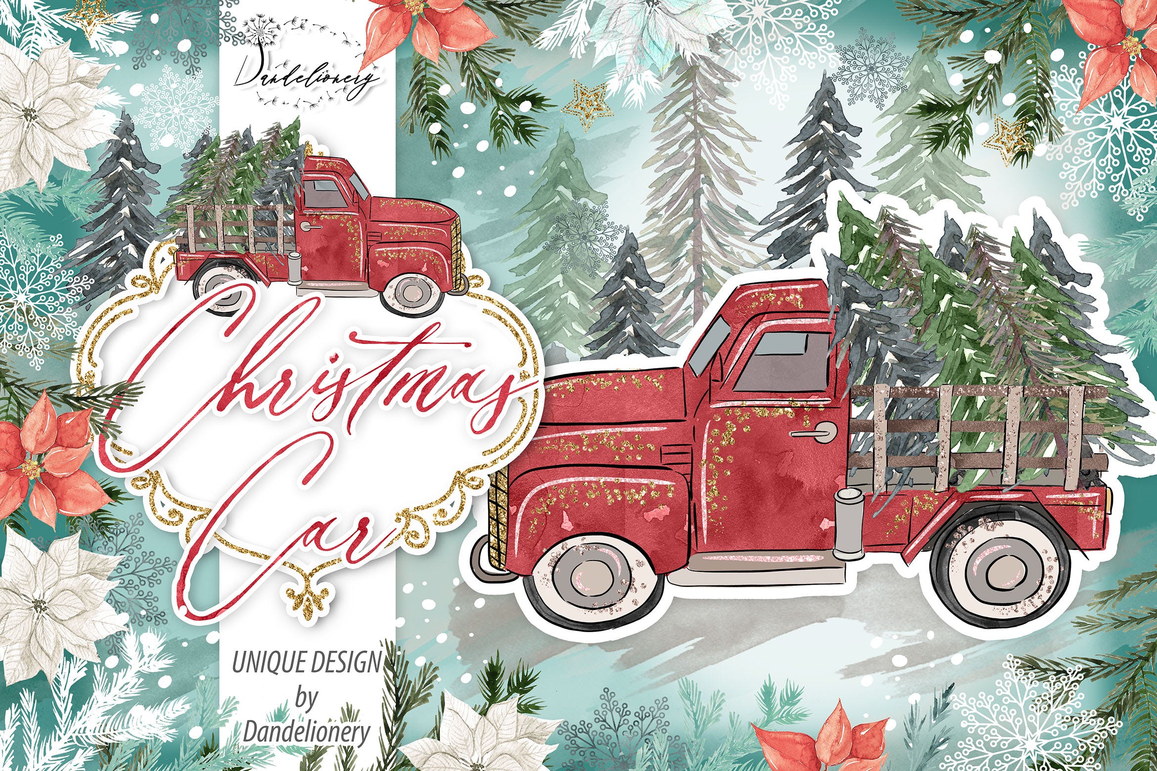 圣诞节节日主题水彩手绘汽车设计剪贴画PNG素材 Christmas Car design插图