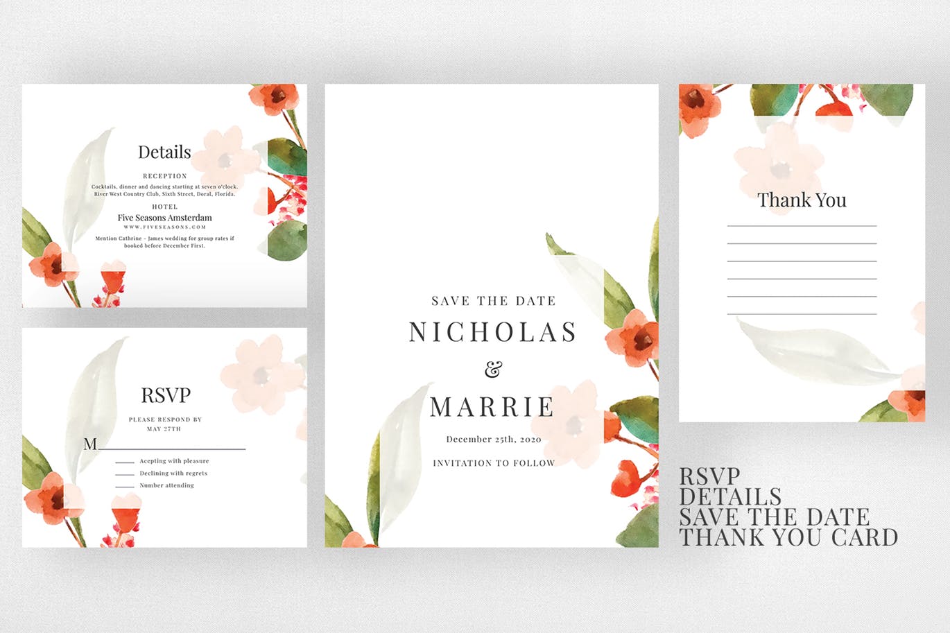 水彩花卉背景婚礼邀请函素材库精选模板 Watercolor Floral Wedding Suite插图(3)