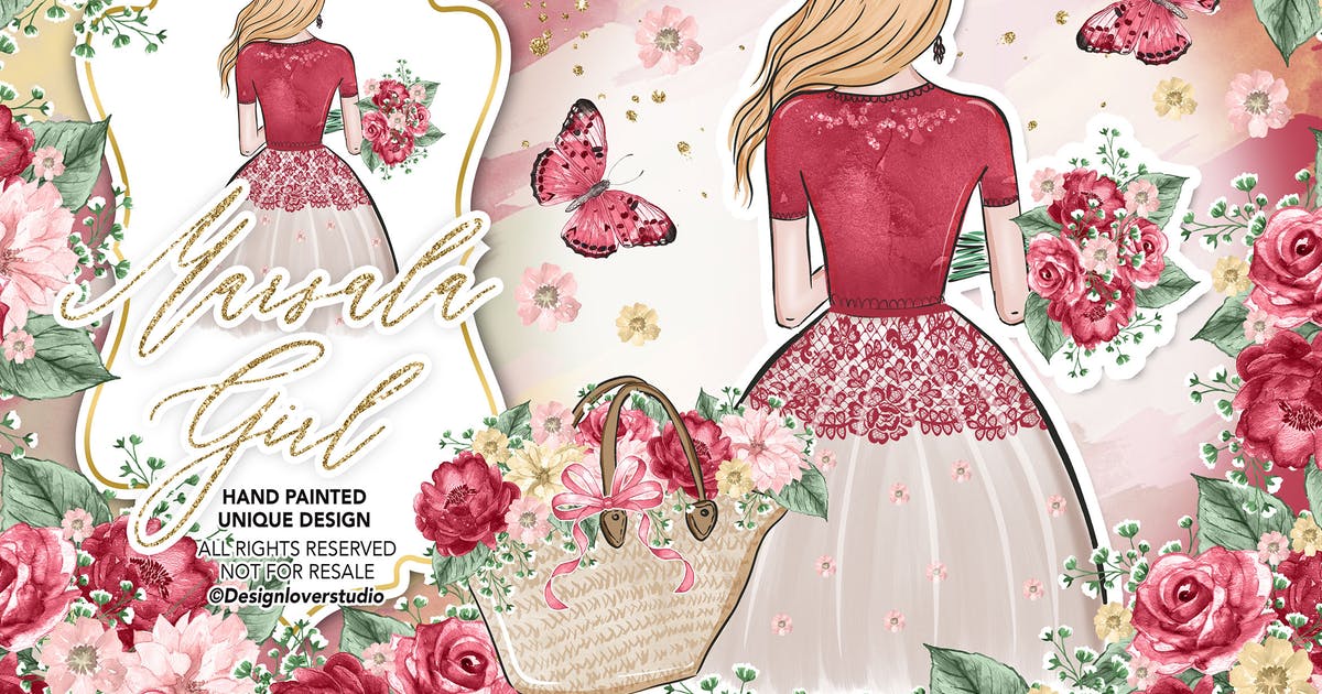 漂亮女孩水彩花卉插画婚礼设计素材 Marsala Girl design插图