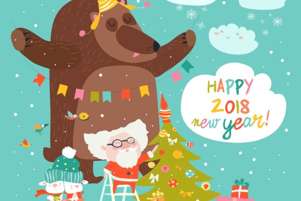圣诞老人与熊圣诞贺卡矢量设计模板 Vector Christmas card with santa claus and bear