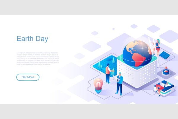 地球日主题扁平化网站设计等距素材库精选概念插画 Earth Day Isometric Flat Concept Header