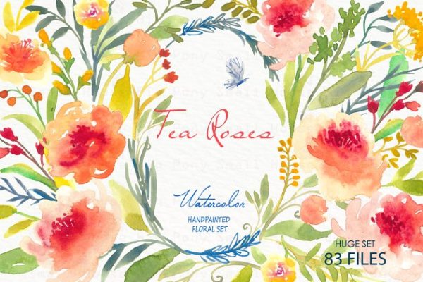 水彩手绘玫瑰花剪贴画合集 Tea Roses-Watercolor Clip Art
