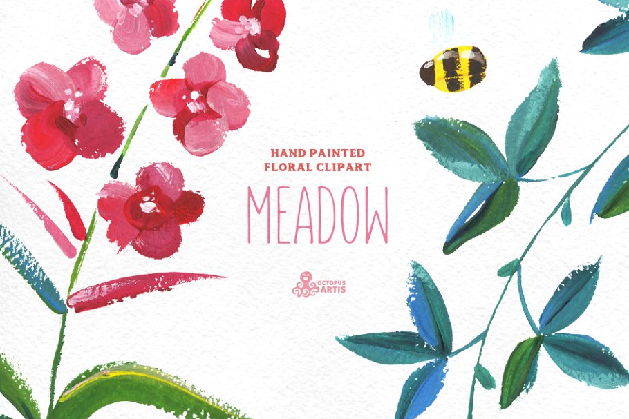 牧场花卉小草水彩手绘剪贴画 Meadow. Floral clipart插图(3)