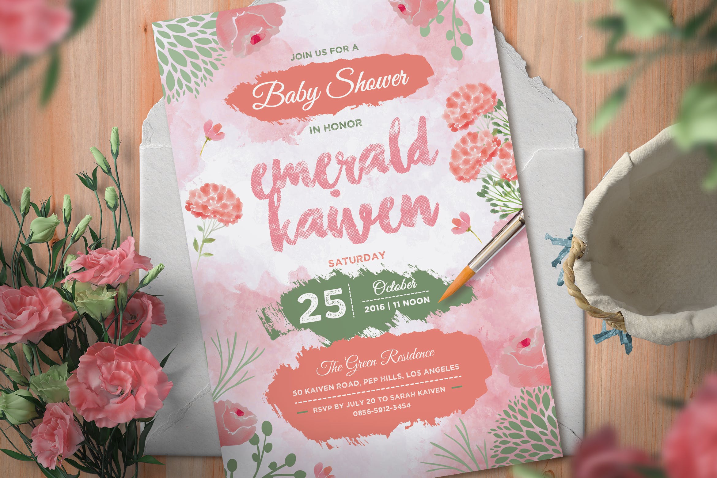 粉色婴儿满月酒邀请函素材库精选模板 Pink Baby Shower Invitation插图