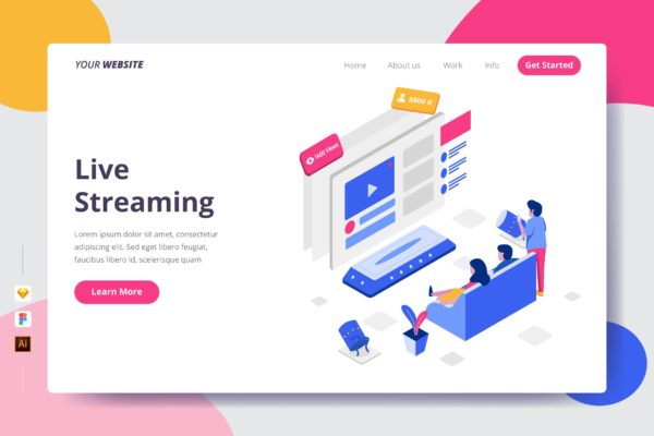 直播主题矢量插画网站着陆页设计素材库精选模板 Live Streaming – Landing Page