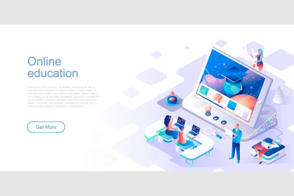 在线教育网络培训主题网站等距扁平风素材库精选概念插画 Online Education Isometric Flat Concept Header