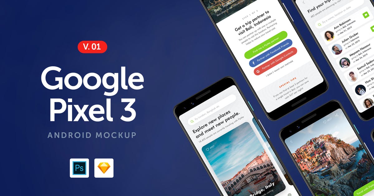 谷歌手机Google Pixel 3屏幕预览样机模板v1 Google Pixel 3 – Android Mockup 1.0插图