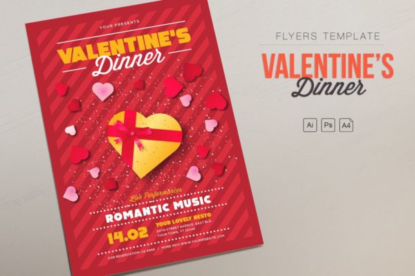 浪漫情人节烛光晚餐预约传单海报PSD模板 Valentine’s Dinner Flyers
