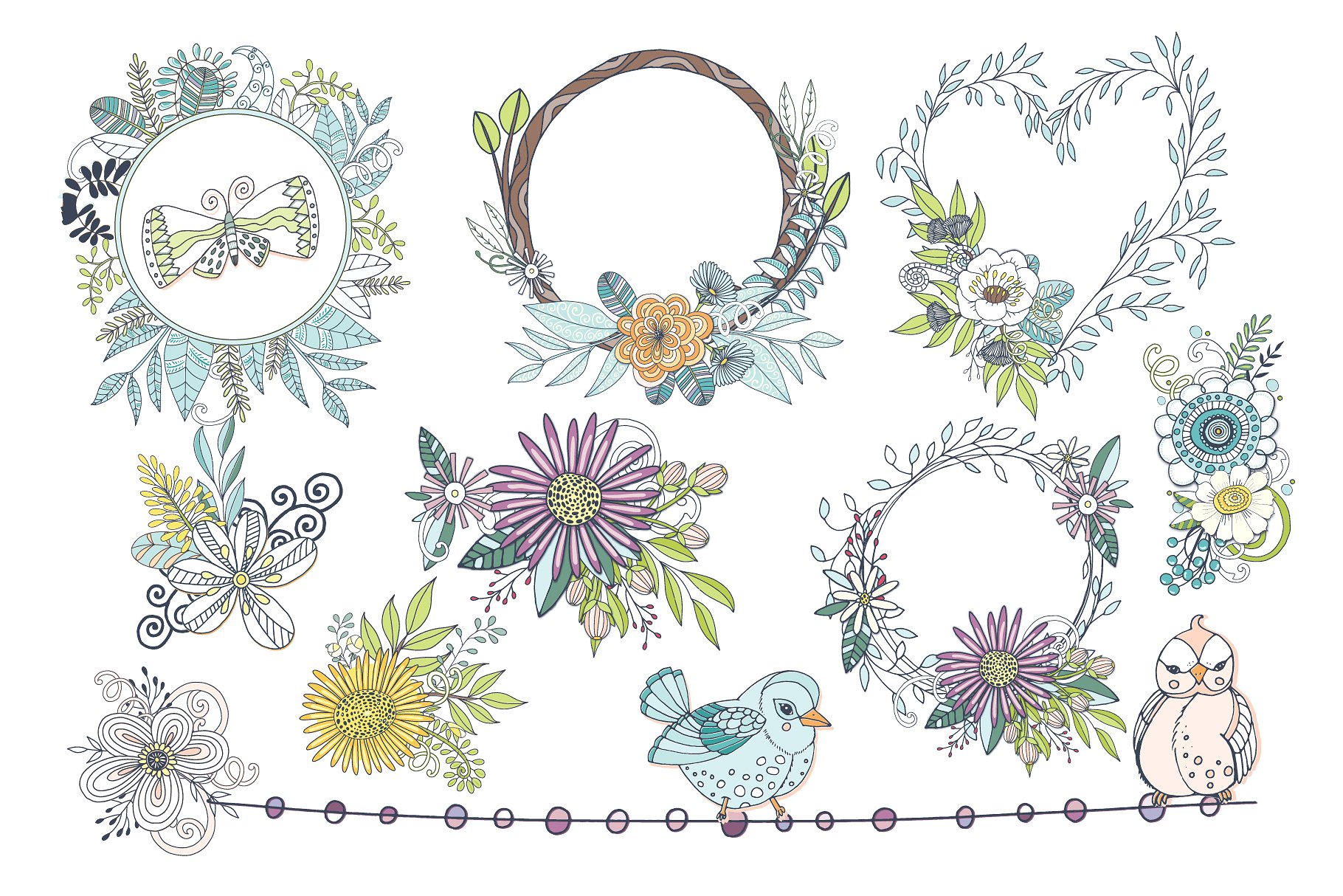 梦幻繁花似锦水彩手绘花卉蝴蝶树叶矢量图形 Fantasy Flowers, Floral Wreaths插图(10)