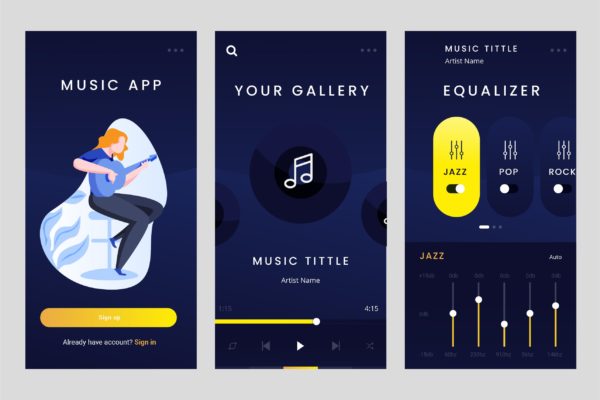 在线听歌APP应用界面设计PSD&amp;AI模板 Mobile Apps Screen For Music Apps PSD and AI