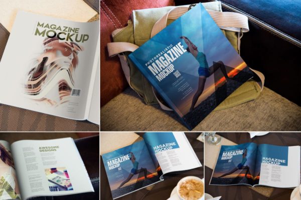 方形时尚杂志封面&amp;内页设计样机模板 Square Fashion Magazine Mockup