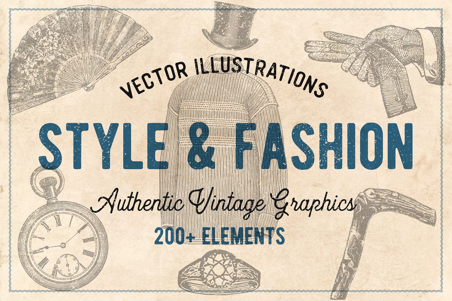 200个复古版画和男女时尚服饰的手绘插图插图