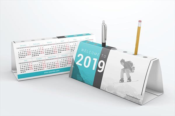 2019年新年台历日历笔筒样机VI展示模型mockups
