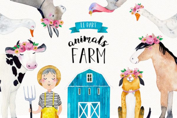 农场家畜动物水彩插画套装Vol.2 FARM ANIMALS watercolor set PART 2
