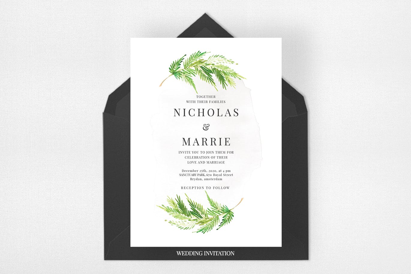 水彩叶子手绘图案婚礼邀请设计套件 Watercolor Leaf Wedding Suite插图(2)