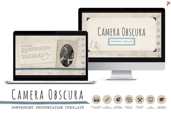 文学历史科学适用的复古风格PPT幻灯片模板 Camera Obscura Powerpoint Templates