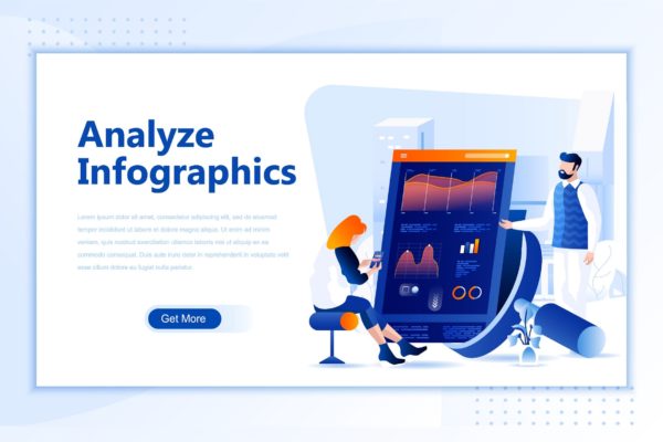 数据统计分析场景网站设计矢量插画素材 Analyze Infographic Flat Landing Page Header