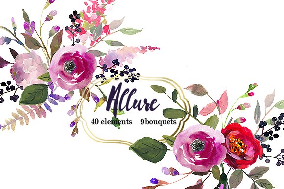 粉色紫色水彩花卉剪贴画合集 Pink Purple Watercolor Flowers Set插图(4)