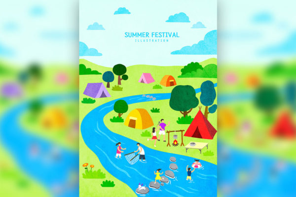 暑假野外露营旅游主题卡通海报设计模板