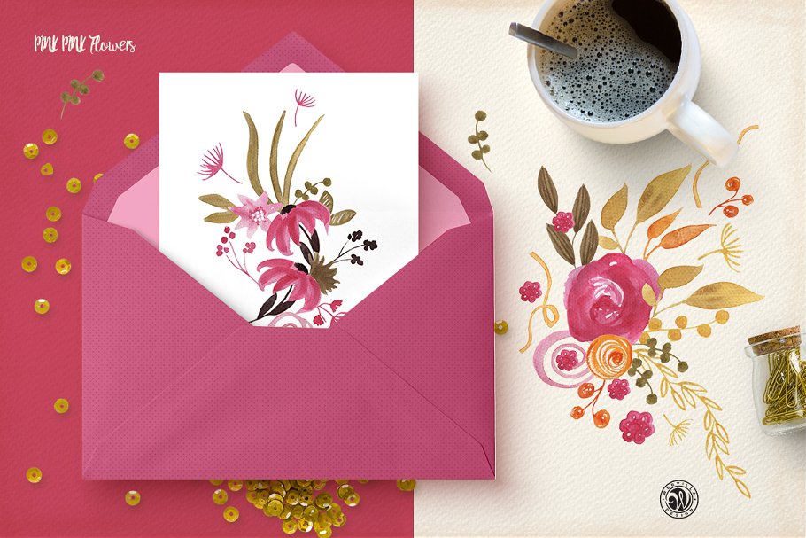 手绘水彩粉红色的花朵剪贴画素材  Pink Pink Flowers插图(1)