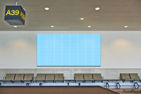 机场候机室挂墙广告大屏幕演示样机素材库精选模板 Airport_Wall_Mockup