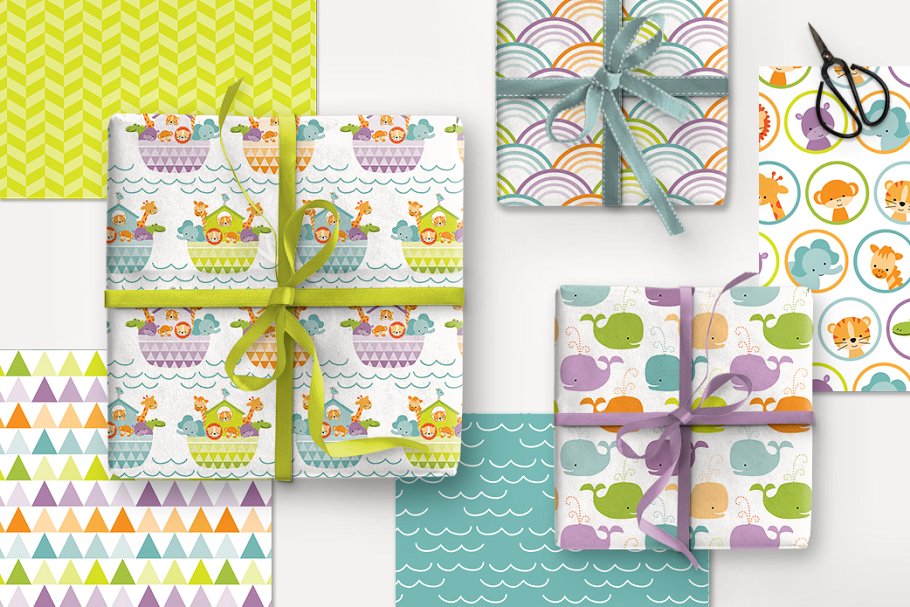 可爱的诺亚方舟动物探险无缝图案 Ark Adventure Seamless Patterns插图(1)