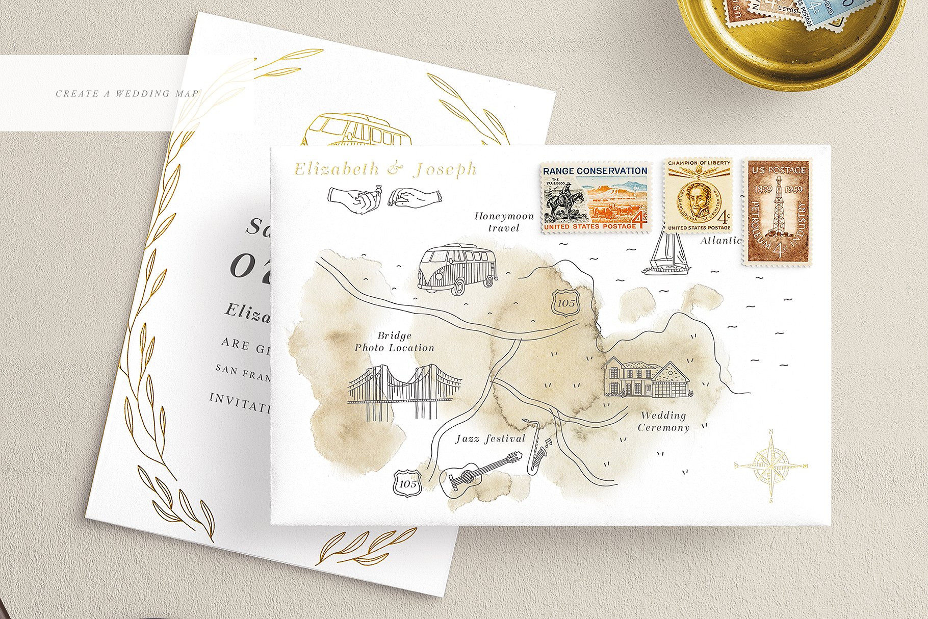 创意文艺风格婚礼邀请函地图设计素材包 Wedding Map Creator Collection插图(1)