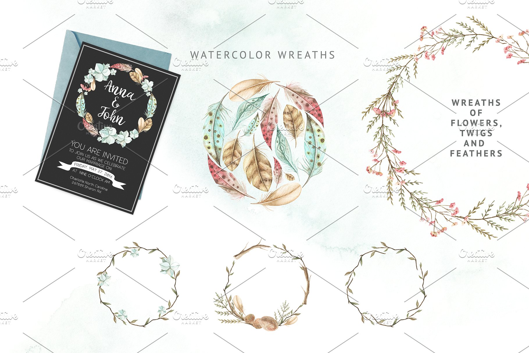 小鸟、树叶&花卉水彩粉画剪贴画 Watercolor Pastel Mood插图(4)