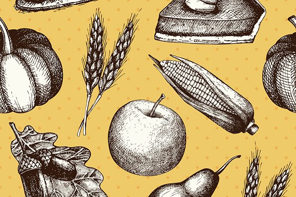 秋季农作物素描植物剪贴画素材 2 Vector Autumn Patterns插图(1)