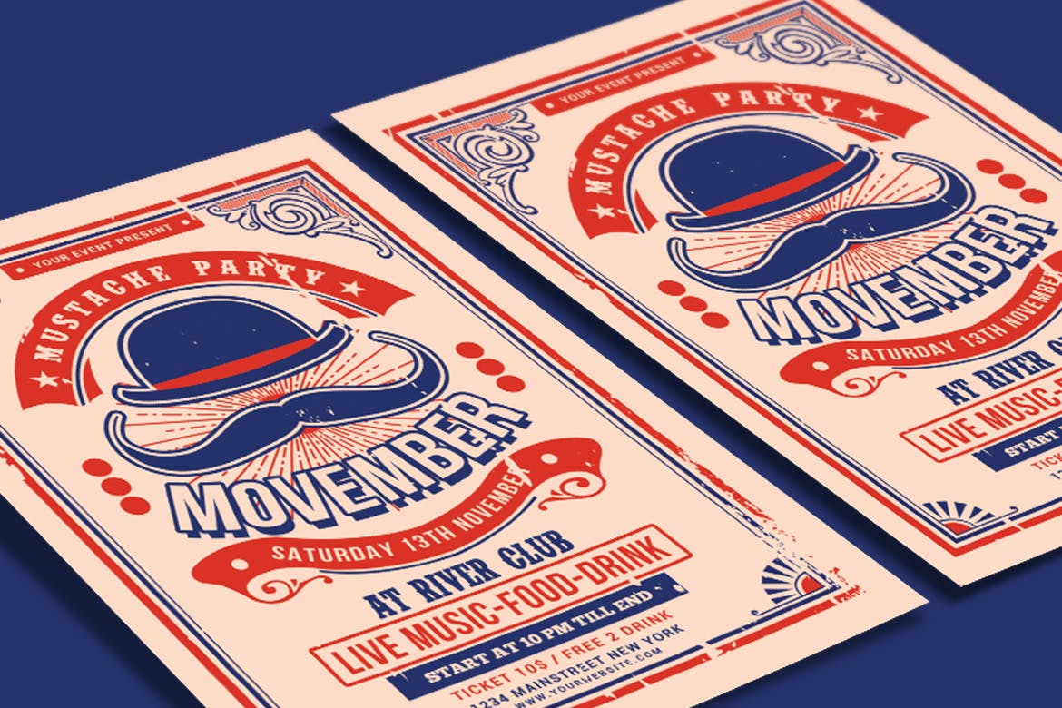英国大胡子月派对活动海报传单素材库精选PSD模板 Movember Moustache Party Flyer插图(2)
